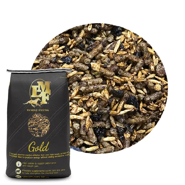 LMF Gold Standard Feed showing bag and closeup of food.